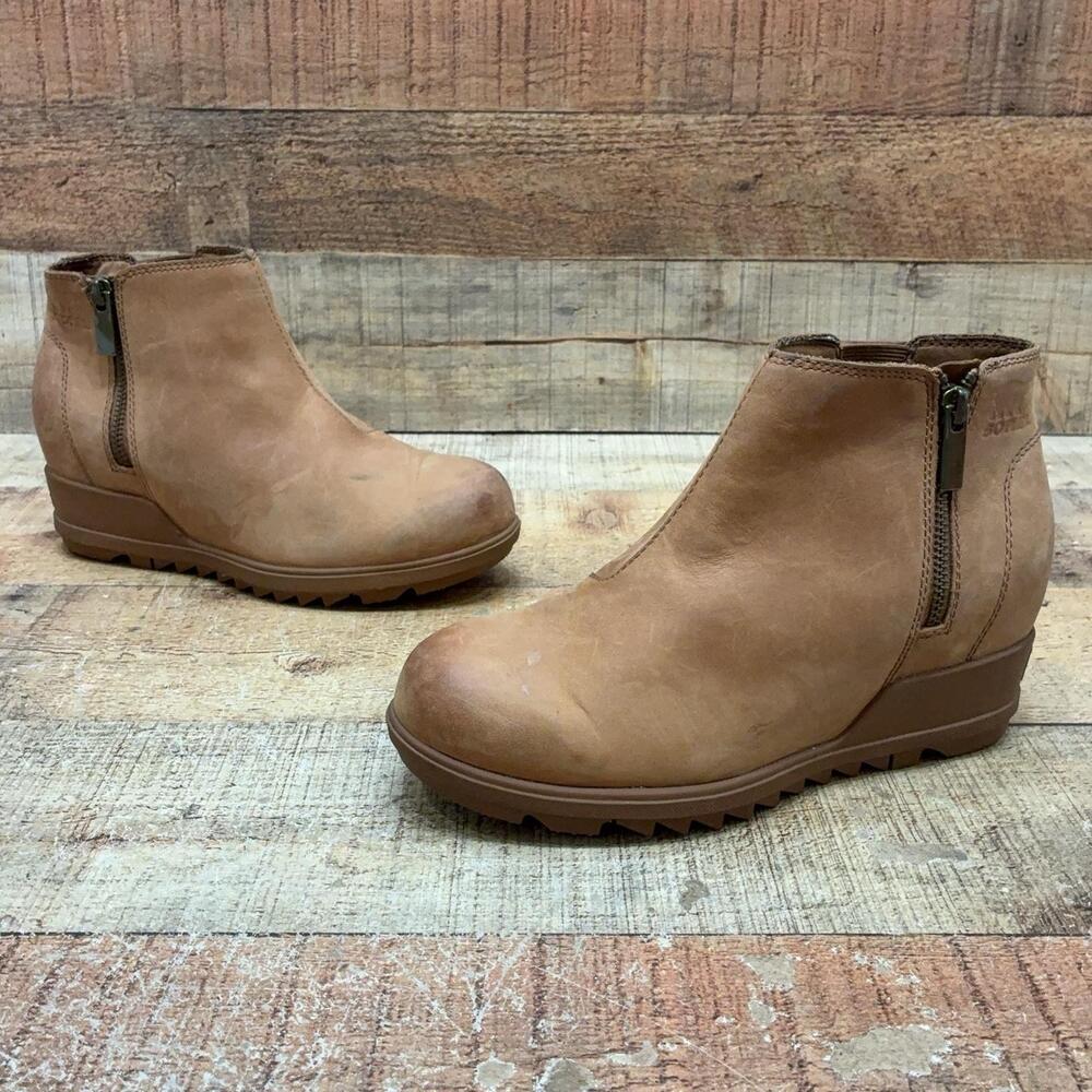 Sorel Boots Womens Size 7 38 Brown Nubuck Ankle Wedge Zip Bootie NL4927-242
